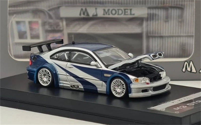 1:64 BMW M3 E46 GTR Silver with Blue Stripes MJ Model DIECAST Model