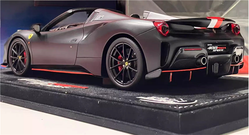 BBR MODELS Ferrari 488 Pista Spider Leclerc Convertible Matt Black Red and white decal # 16 black wheels red calipers Limited Edition 1:18 Car Pre-built Model view2