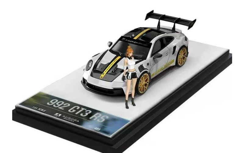 1:64 PORSCHE 911 992 GT3 RS  Platinum w/ Stripe AURORA MODEL  w/ Figure Limited Edition 499PCS ONLY DIECAST Model