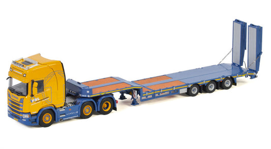 WSI  SCANIA R HIGHLINE CR20H 6X2 TWINSTEER SEMI LOW LOADER RAMPS - 3 AXLE Pol Hoogwerkers 1:50 Truck Pre-built Model