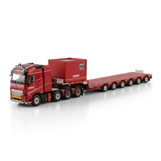 1:50 VOLVO Nooteboom Red Line FH5 8X4 MANOOVR -6 AXLE + 10FT CONTAINER WSI Red Diecast Model