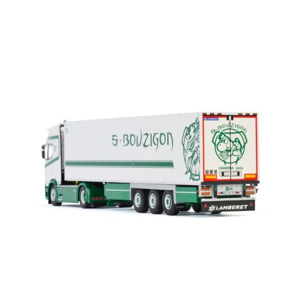 1:50 SCANIA S. BOUZIGON S HIGHLINE CS20H 4X2 REEFER TRAILER 3 AXLE WSI  White - Green DIECAST Model