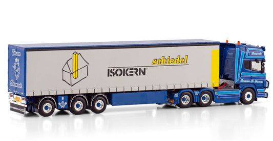 WSI  SCANIA R4 TOPLINE 6X2 TAG AXLE CURTAINSIDE TRAILER - 3 AXLE Rasmus K Jensen schiedel ISOKERIN 1:50 Truck Pre-built Model
