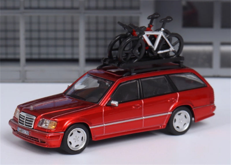 Mortal Mercedes Benz E-Class E300 station wagon S124 with 2 bicycles and luggage rack Red - Silver Wheel Regular Edition Limited Edition 599PCS ONLY 1:64 Car Pre-built Model view4