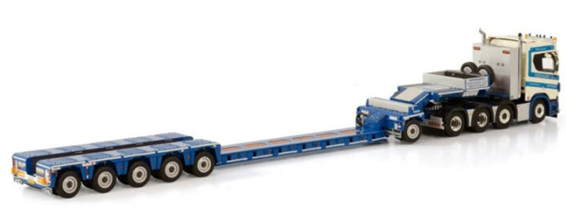 WSI SCANIA R NORMAL CR20N 8X4 LOW LOADER PENDEL X - 5 AXLE + DOLLY - 1 AXLE SCHOONES B.V. 1:50 DIECAST Truck Lorry