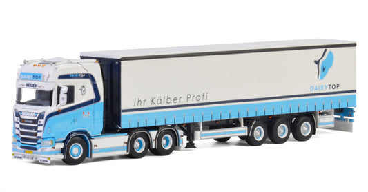 WSI SCANIA S HIGHLINE CS20H 6X2 TAG AXLE CURTAINSIDE TRAILER - 3 AXLE Dairytop BV 1:50 Truck Pre-built Model