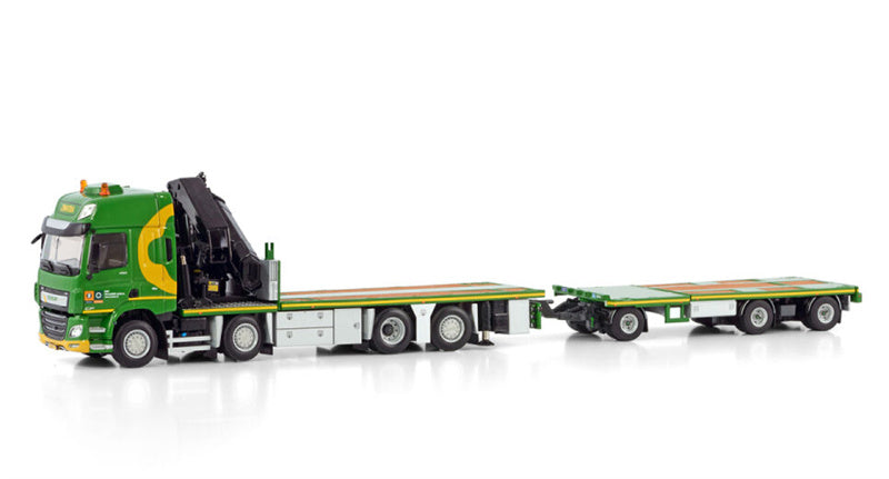 WSI  DAF CF SPACE CAB MY2017 RIGED FLAT BED TRUCK WITH PALFINGER PK 65002 SH + JIB 8X2 TAG AXLE FLAT BED TRAILER - 3 AXLE Zwatra 1:50 Truck Pre-built Model