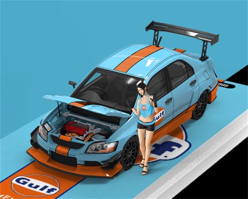 TimeMicro Mitsubishi Lancer Evolution IX Racing car Gulf Livery w/ Doll Version 1:64 car Pre-built Model view1