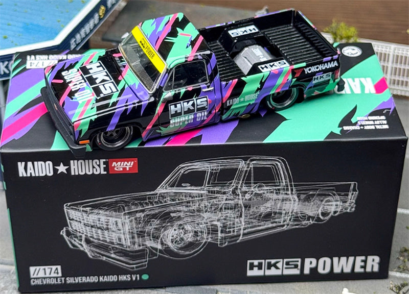KaidoHouse x MiniGT Chevrolet Silverado Kaido HKS V1 pickup truck color box packaging 1:64 Truck Pre-built Model view9