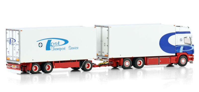WSI SCANIA R4 TOPLINE RIGED REEFER TRUCK 6X2 TAG AXLE RIGED REEFER DRAWBAR TURNTABLE TRAILER - 3 AXLE Marcel Post Transport Service 1:50 Model