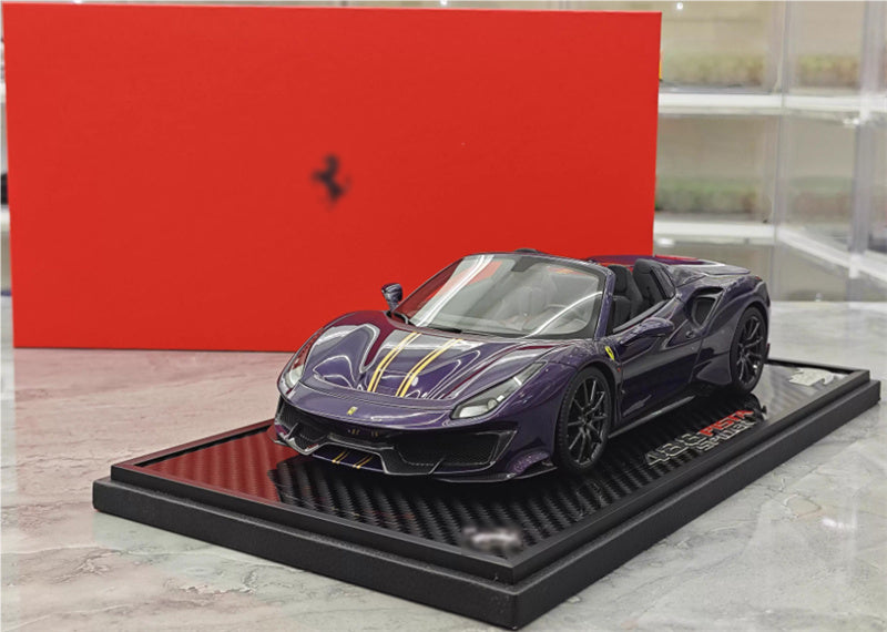 BBR MODELS FERRARI 488 Pista Spider convertible Hong Kong Metal Purple Double yellow Strip Black wheels Carbon fiber base Limited Edition 28PCS ONLY 1:18 Car Pre-built Model view9
