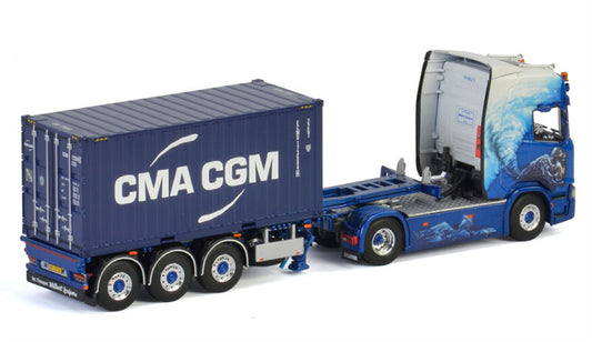 WSI SCANIA R HIGHLINE CR20H 4x2 CONTAINER TRAILER - 3 AXLE + 20 FT CONTAINER (Comes with 1 x 20 FT container, container can vary from the picture) CMA CGM 1:50 Truck Pre-built Model