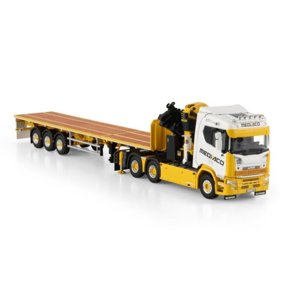 1:50 SCANIA MEDIACO R CR20N 6X4 FLATBED TRAILER 3 AXLE PK 65002 SH + JIB WSI Diecast Model