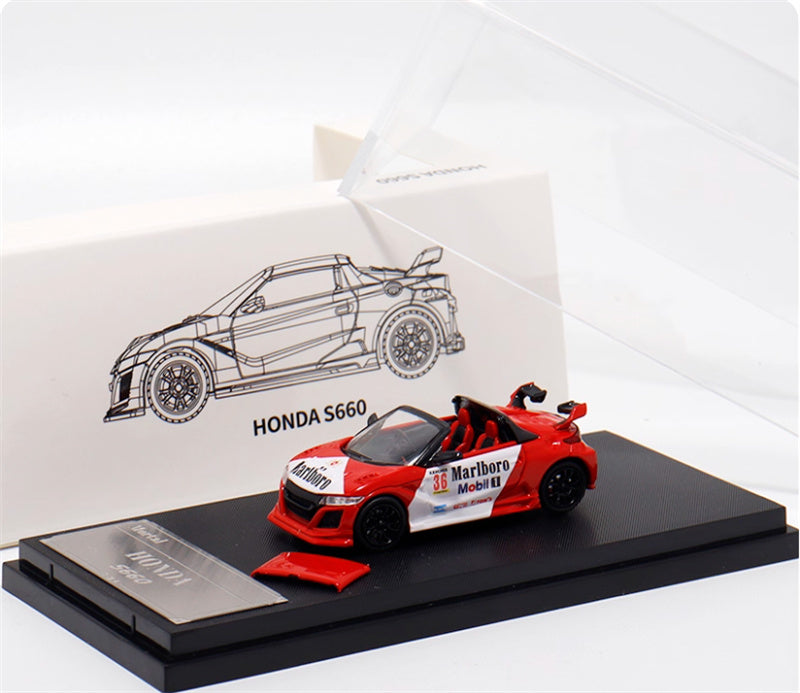 Mortal Honda S660 Mugen Convertible Wide body modified version Small tail wing Marlboro coating - with top cover 1:64 Car Pre-built Model view6