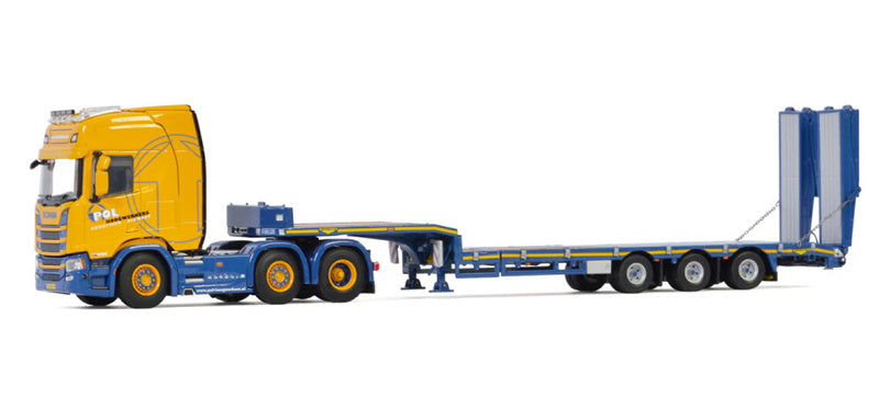 WSI  SCANIA R HIGHLINE CR20H 6X2 TWINSTEER SEMI LOW LOADER RAMPS - 3 AXLE Pol Hoogwerkers 1:50 Truck Pre-built Model
