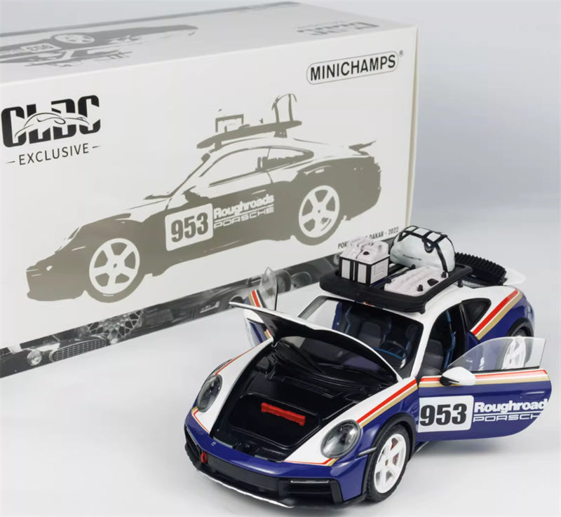 1:18 PORSCHE 911 #953 DAKAR 2022 blue white  MINICHAMPS Off road version w/ ROOF RACK DIECAST Car Model