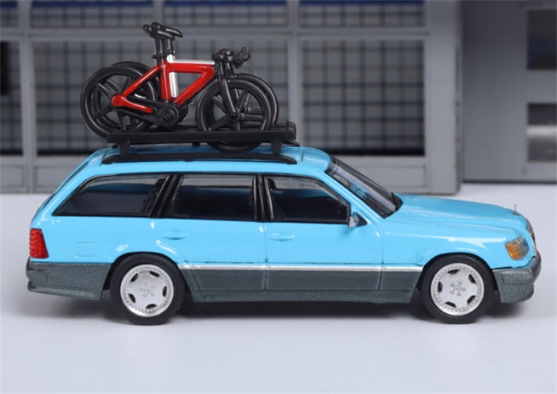 Mortal Mercedes Benz E-Class E300 station wagon S124 with 2 bicycles and luggage rack lake blue - Silver Wheel Regular Edition Limited Edition 299PCS ONLY 1:64 Car Pre-built Model view2