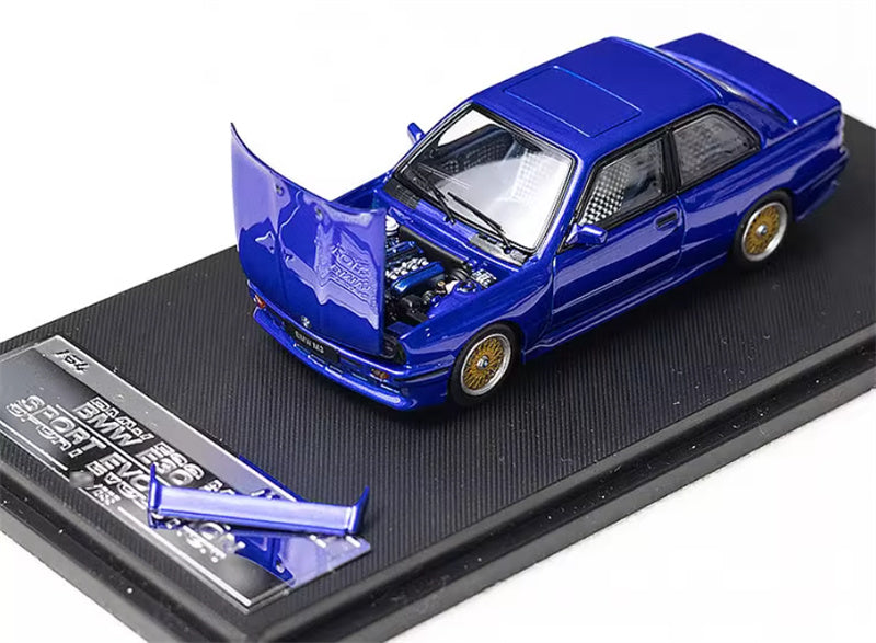 Mortal BMW M3 E30 Sport Evolution Openable Hood Detachable tail wing Pearl Blue Limited Edition 899PCS ONLY 1:64 Car Pre-built Model view1