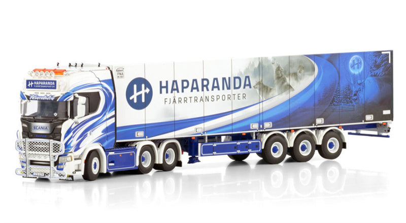 WSI  SCANIA S HIGHLINE CS20H 6X2 TAG AXLE REEFER TRAILER - 3 AXLE Haparanda Fjarrtransport 1:50 DIECAST Truck Lorry