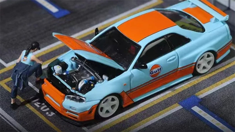 TimeMicro Nissan Skyline GT-R R34 Z-tune Gulf Livery w/ Doll Version Limited Edition 999PCS ONLY 1:64 car Pre-built Model view3
