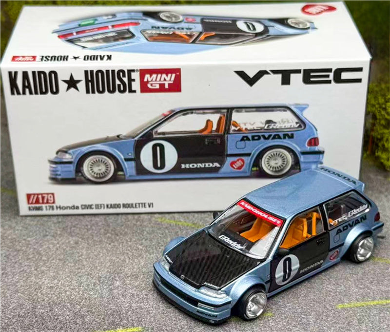 KaidoHouse x MiniGT Honda Civic EF Kaido Roulette V1 blue color box packaging 1:64 Car Pre-built Model view8