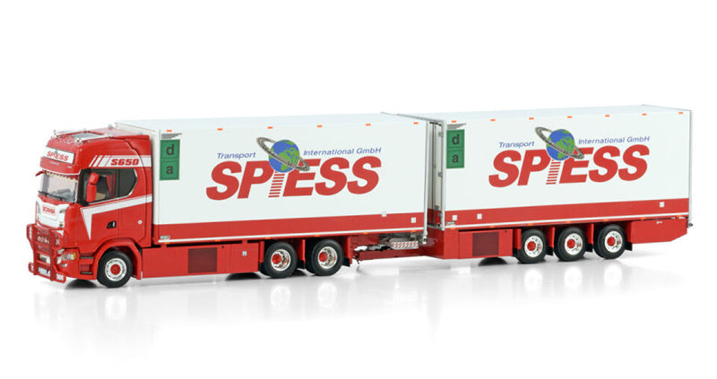 WSI SCANIA S HIGHLINE CS20H 6X2 TAG AXLE RIGED REEFER TRUCK DRAWBAR TRAILER - 6 AXLE Spiess 1:50 Model