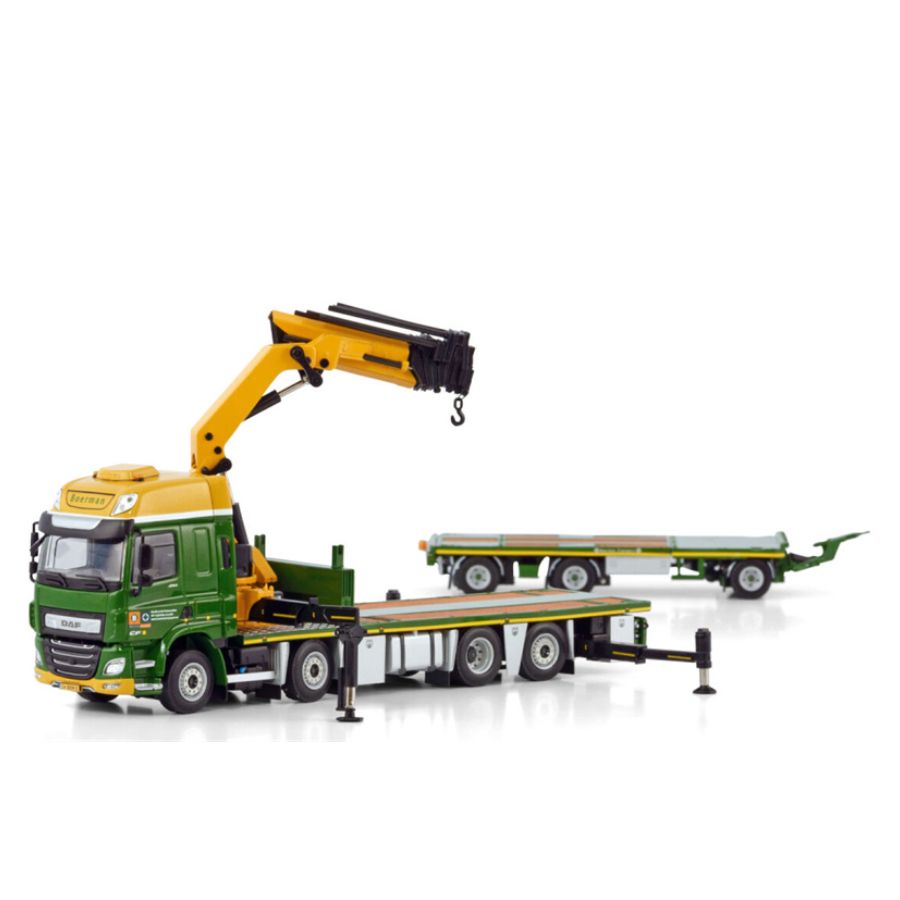 WSI  DAF CF SPACE CAB MY2017 RIGED FLAT BED TRUCK WITH PALFINGER PK 65002 SH + JIB 8X2 TAG AXLE FLAT BED TRAILER - 3 AXLE Boerman 1:50 DIECAST Truck
