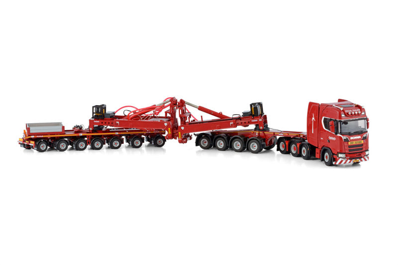 WSI SCANIA S HIGHLINE CS20H 8X4 WIND MILL TRAILER WITH 4 AXLE DOLLY - 7 AXLE NOOTEBOOM RED LINE 1/50 DIECAST Truck Lorry