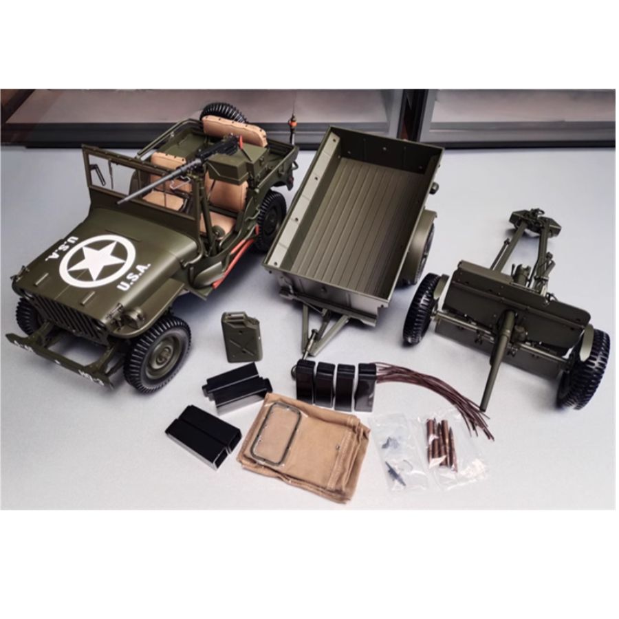 PREMIUM X 1943 Jeep Wells MB Trailer M3 Anti Tank Set Olive green 1:8 DIECAST Tank