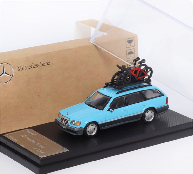 Mortal Mercedes Benz E-Class E300 station wagon S124 with 2 bicycles and luggage rack lake blue - Silver Wheel Regular Edition Limited Edition 299PCS ONLY 1:64 Car Pre-built Model view4