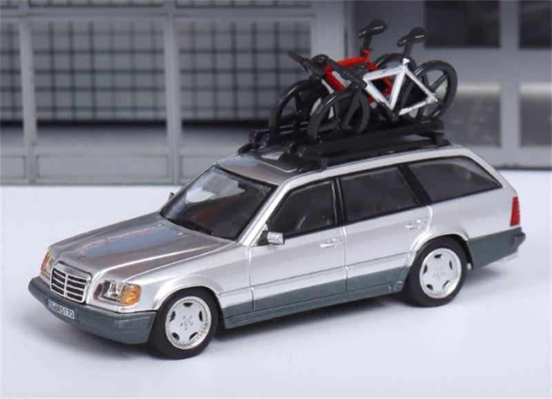 Mortal Mercedes Benz E-Class E300 station wagon S124 with 2 bicycles and luggage rack Silver（Grey skirt edge）- Silver Wheel Limited Edition 599PCS ONLY 1:64 Car Pre-built Model view1