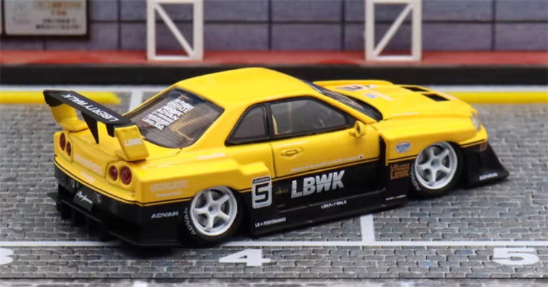 SW Nissan Skyline LBWK ER34 Yellow Black White Wheels 5# Limited Edition 1:64 car Pre-built Model view4