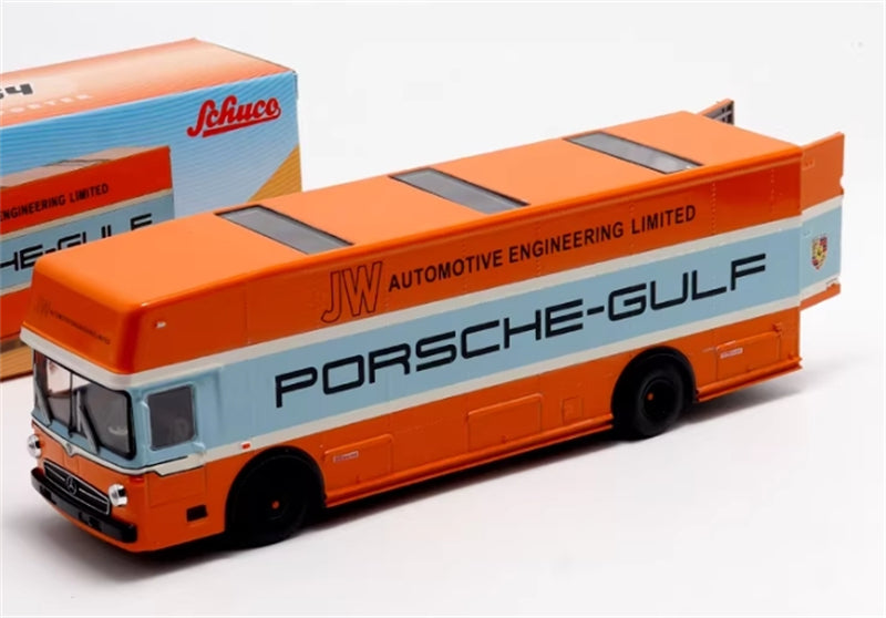 Schuco Mercedes Benz O317 Race Car Transporter Porsche Gulf Orange 1968 1:64 Car Pre-built Model