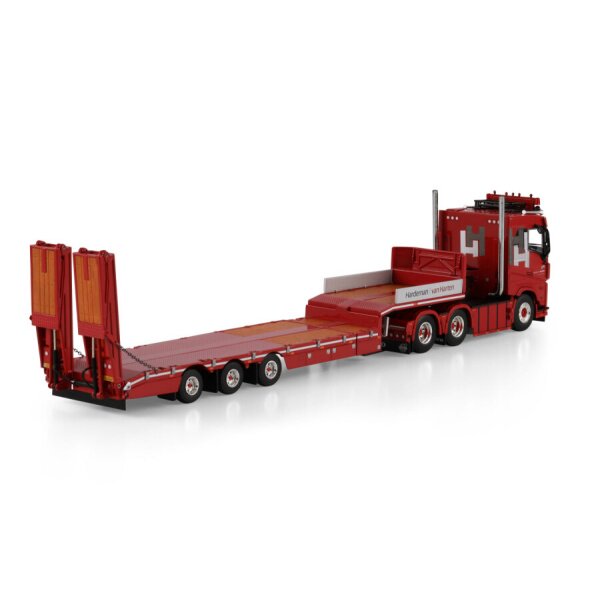 1:50 VOLVO HARDEMAN VAN HARTEN CAB 6X2 SEMI LOW LOADER W/ RAMPS 3 AXLE WSI Red Diecast Model