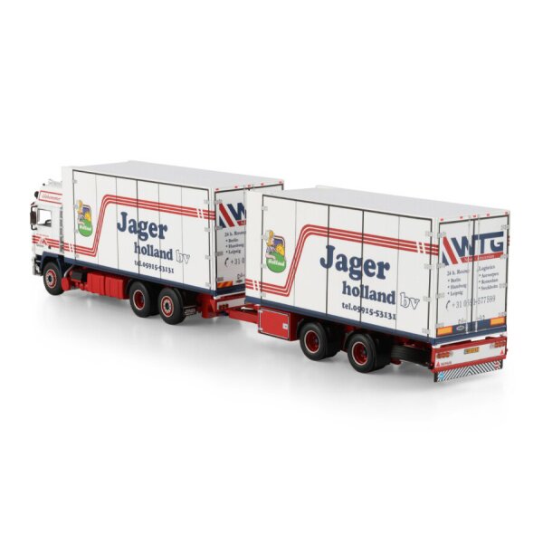 1:50 VOLVO MELLEMA / JAGER F12 GLOBETROTTER 6X2 REEFER DRAWBAR CENTRE-AXLED TRAILER WSI Diecast Model
