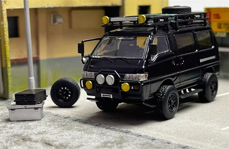 Autobots Models Mitsubishi Delica 3rd Generation Wagon 4X4 Off Road Modified Edition Black left-hand drive with accessories 1:64 Car Pre-built Model view1