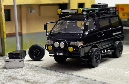 Autobots Models Mitsubishi Delica 3rd Generation Wagon 4X4 Off Road Modified Edition Black left-hand drive with accessories 1:64 Car Pre-built Model view1