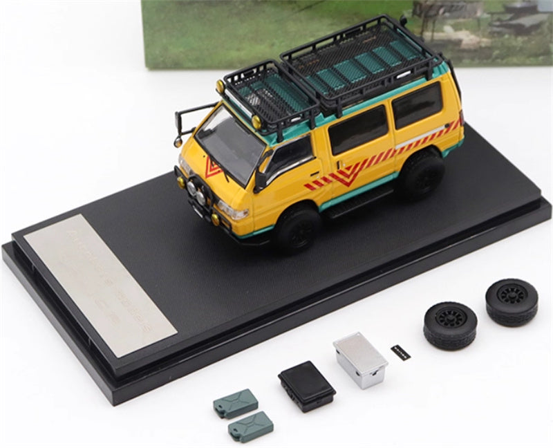Autobots Models Mitsubishi Delica 3rd Generation Wagon 4X4 Off Road Modified Edition Yellow School Bus left-hand drive with accessories 1:64 Car Pre-built Model view5