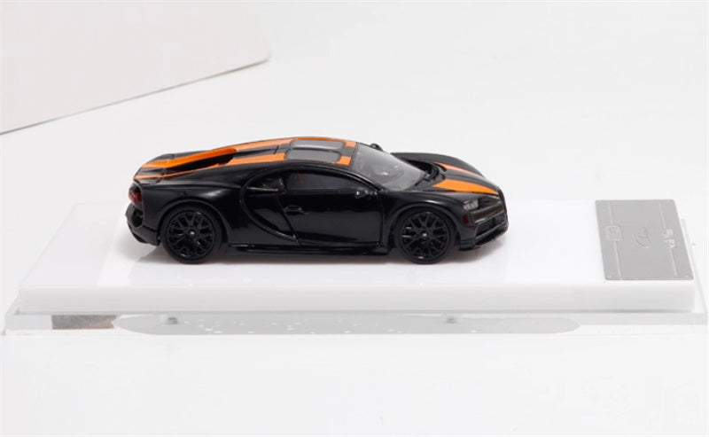 ScaleMini Bugatti Chiron Supercar Black - Orange Stripes Limited Edition 1:64 Car Pre-built Model view3