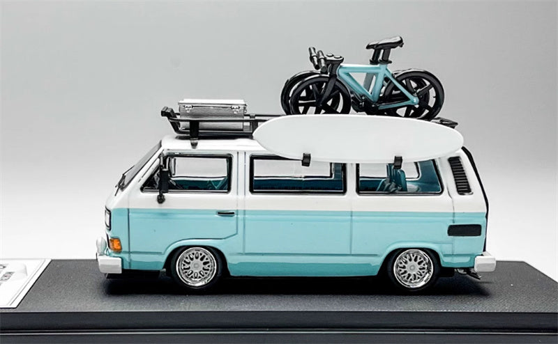 Mortal VW T3 Magway van BBS light Blue + White Double Splicing with accessories 1:64 Car Pre-built Model view3