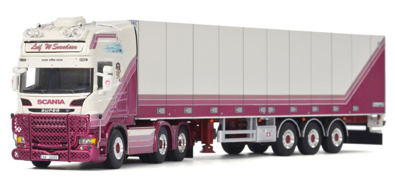 WSI SCANIA R6 TOPLINE 6X2 REEFER TRAILER - 3 AXLE Leif Willy Krone 1:50 Truck Pre-built Model