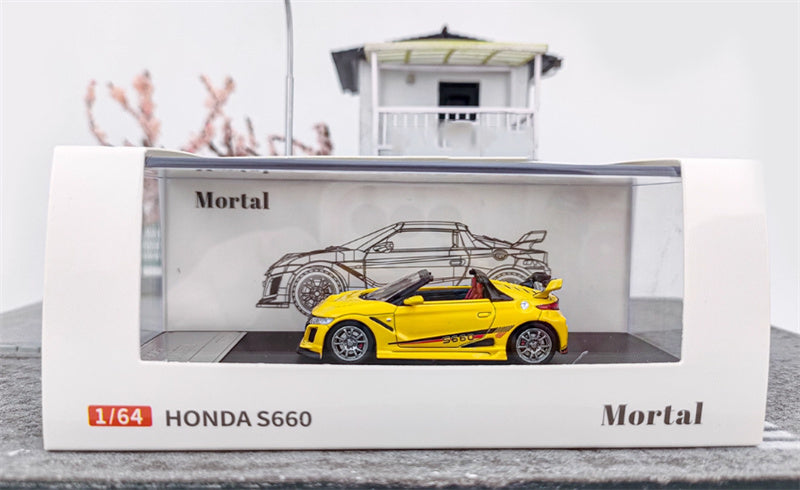 Mortal Honda S660 Mugen Convertible Wide body modified version Small tail yellow - with top cover Limited Edition 499PCS ONLY 1:64 Car Pre-built Model view11