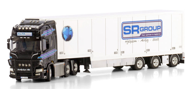 WSI SCANIA R HIGHLINE CR20H 6X2 TAG AXLE SEMI BOX TRAILER - 3 AXLE Alta Logistics / SR Group Logistics 1:50 Model