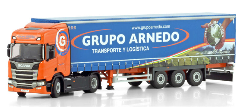 WSI SCANIA R HIGHLINE CR20H 4X2 CURTAINSIDE TRAILER - 3 AXLE Grupo Arnedo 1:50 Truck Pre-built Model