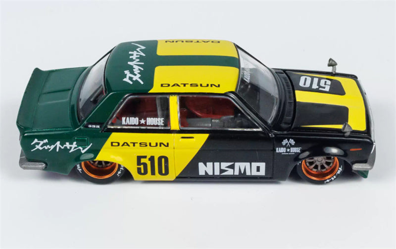 KaidoHouse x MiniGT Datsun Street 510 Racing V2 yellow-green color box packaging 1:64 Car Pre-built Model view3