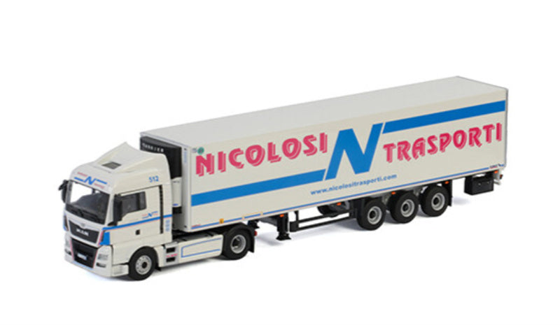 WSI MAN TGX XLX EURO6 4X2 REEFER TRAILER - 3 AXLE Nicolosi Trasporti 1:50 Truck Pre-built Model