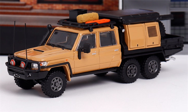 Autobots Models Toyota Land Cruiser LC79 Pickup Camping Vehicle Yellow dual layout 6*6 Heavy modification of Tu Ao 1:64 Truck Pre-built Model view1