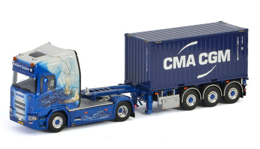 WSI SCANIA R HIGHLINE CR20H 4x2 CONTAINER TRAILER - 3 AXLE + 20 FT CONTAINER (Comes with 1 x 20 FT container, container can vary from the picture) CMA CGM 1:50 Truck Pre-built Model