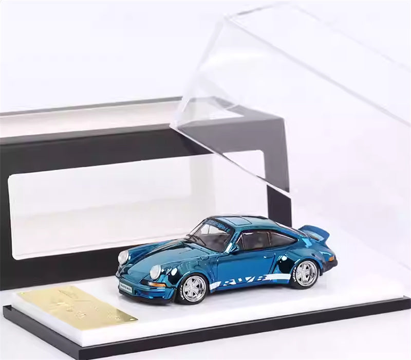 mymodelcollect Porsche RWB 930 Duck Wing Electroplating blue white edges 1:64 Car Pre-built Model view6