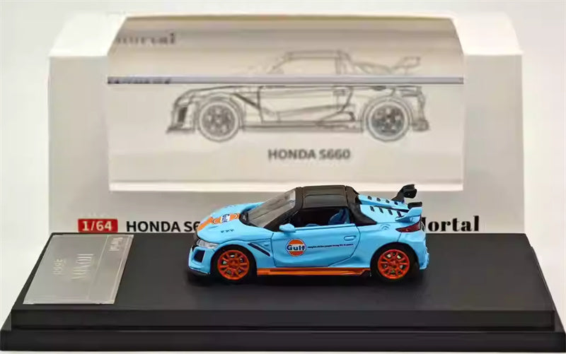 Mortal Honda S660 Mugen Convertible Wide body modified version Small Tail Bay GULF Coating - with Top Cover 1:64 Car Pre-built Model view6
